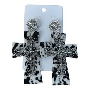 Cow Print Cross Dangle Earrings Western Country Silver Tone Statement New‎